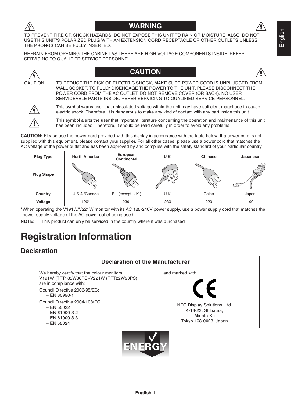 Warning, Caution, Registration information | Warning caution, Declaration, English, Declaration of the manufacturer | NEC V221W User Manual | Page 3 / 18