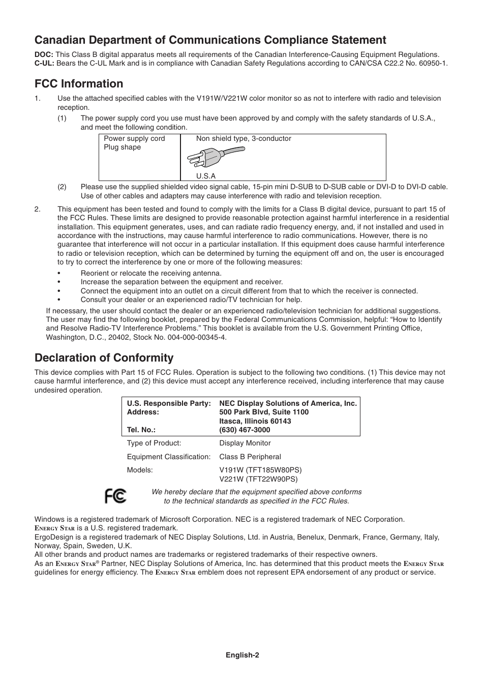 Fcc information, Declaration of conformity | NEC V221W User Manual | Page 4 / 18