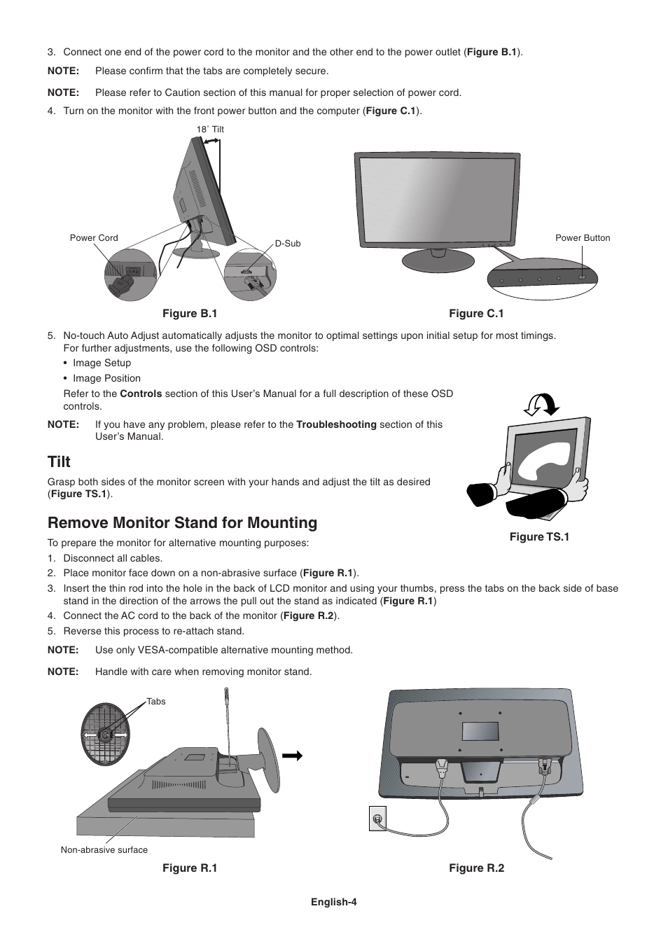 Tilt, Remove monitor stand for mounting | NEC V221W User Manual | Page 6 / 18