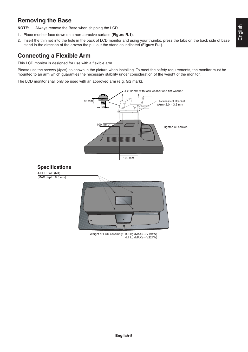 Removing the base, Connecting a flexible arm, English | Specifications | NEC V221W User Manual | Page 7 / 18