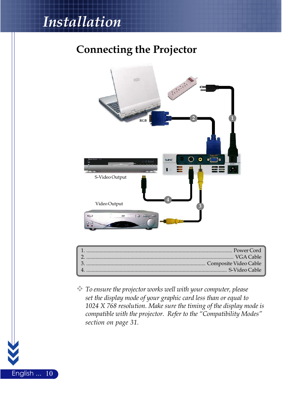 Installation, Connecting the projector | NEC LT20 User Manual | Page 14 / 40