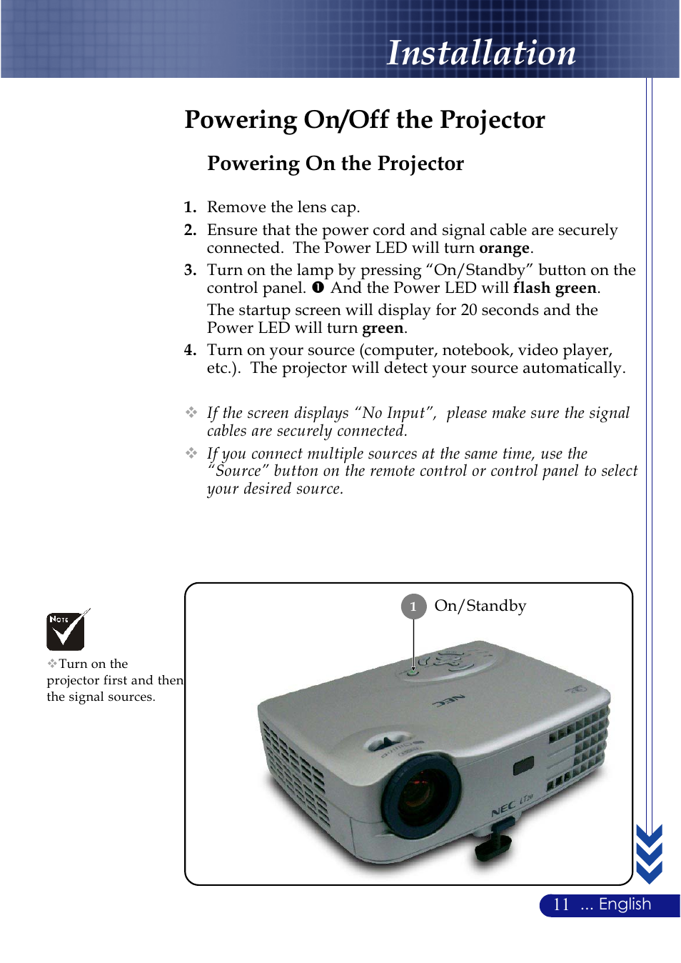 Installation, Powering on/off the projector, Powering on the projector | NEC LT20 User Manual | Page 15 / 40