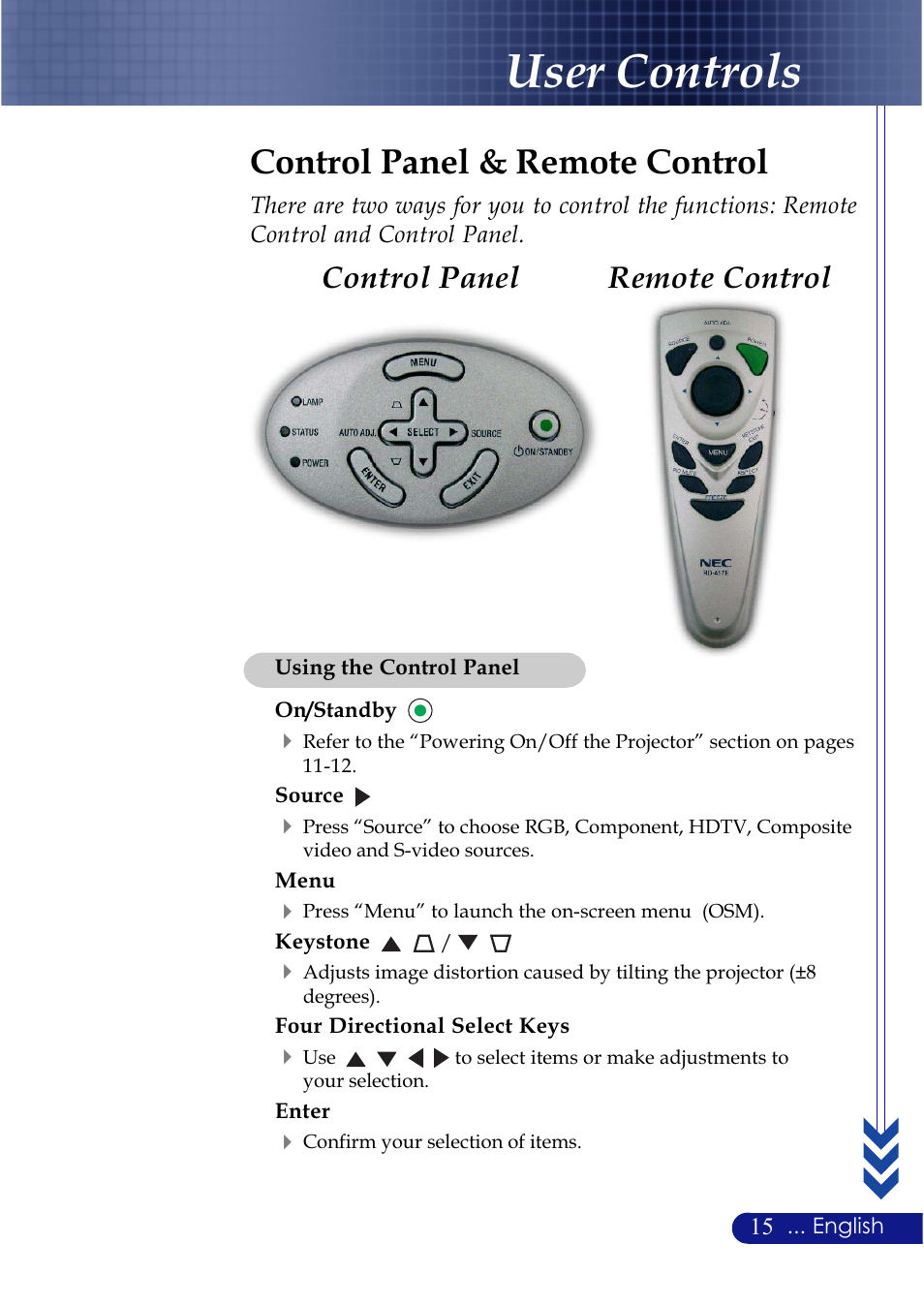 User controls, Control panel & remote control, Remote control control panel | NEC LT20 User Manual | Page 19 / 40