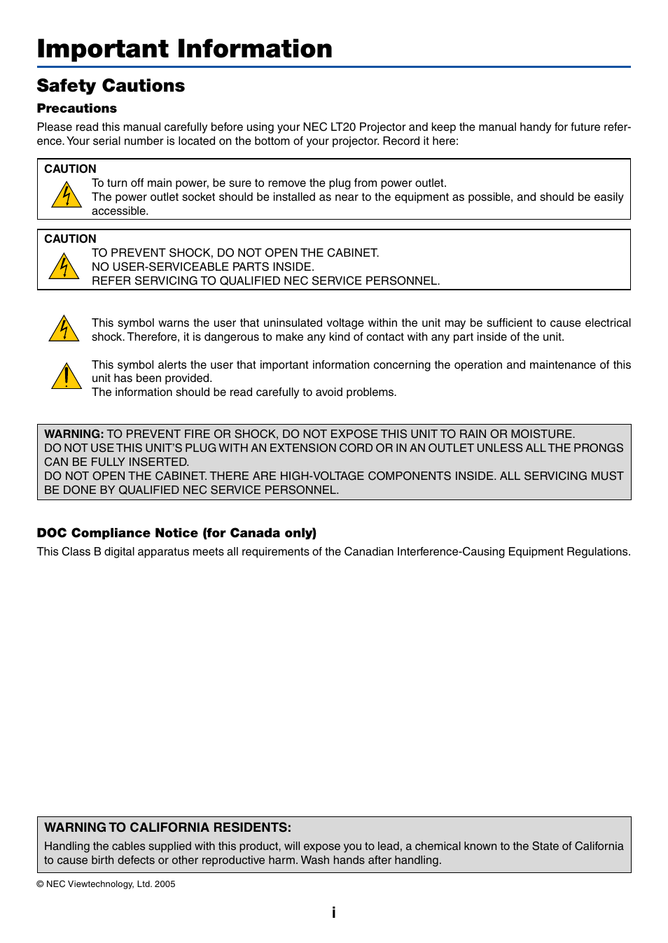 Important information, Safety cautions | NEC LT20 User Manual | Page 2 / 40