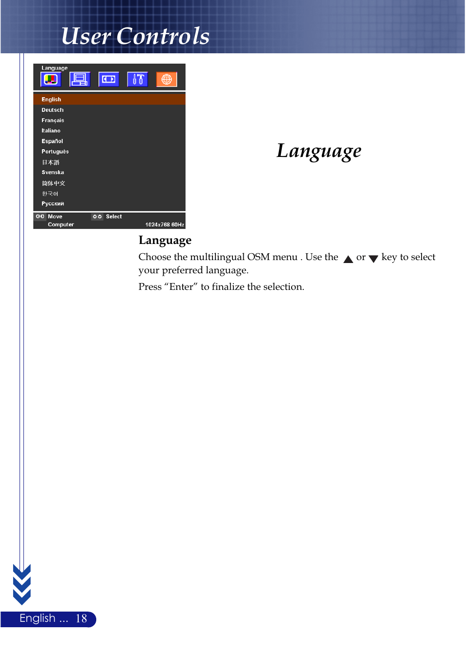 User controls, Language | NEC LT20 User Manual | Page 22 / 40
