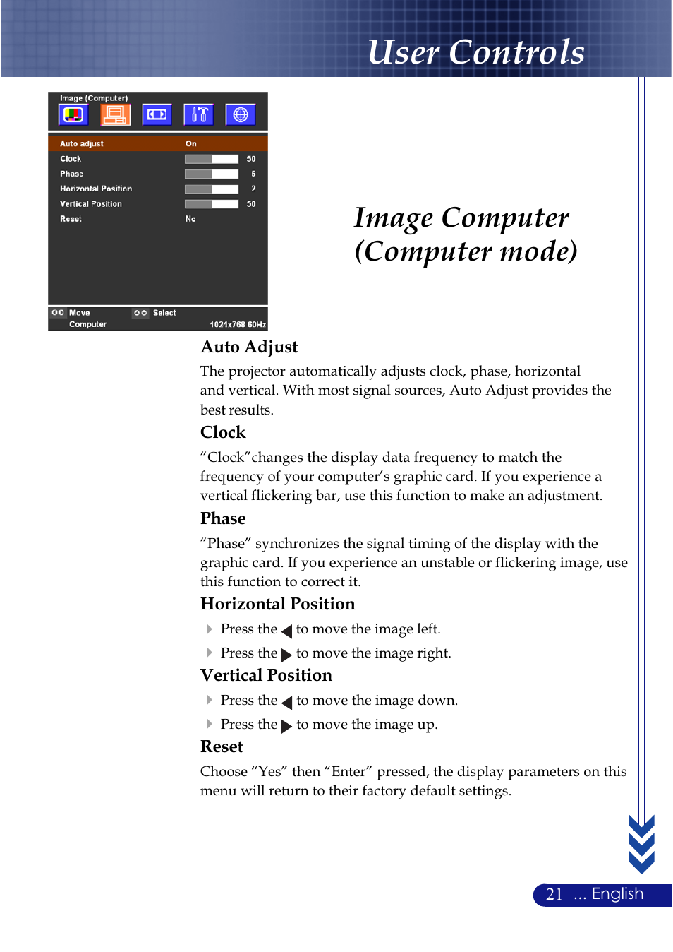 User controls, Image computer (computer mode) | NEC LT20 User Manual | Page 25 / 40