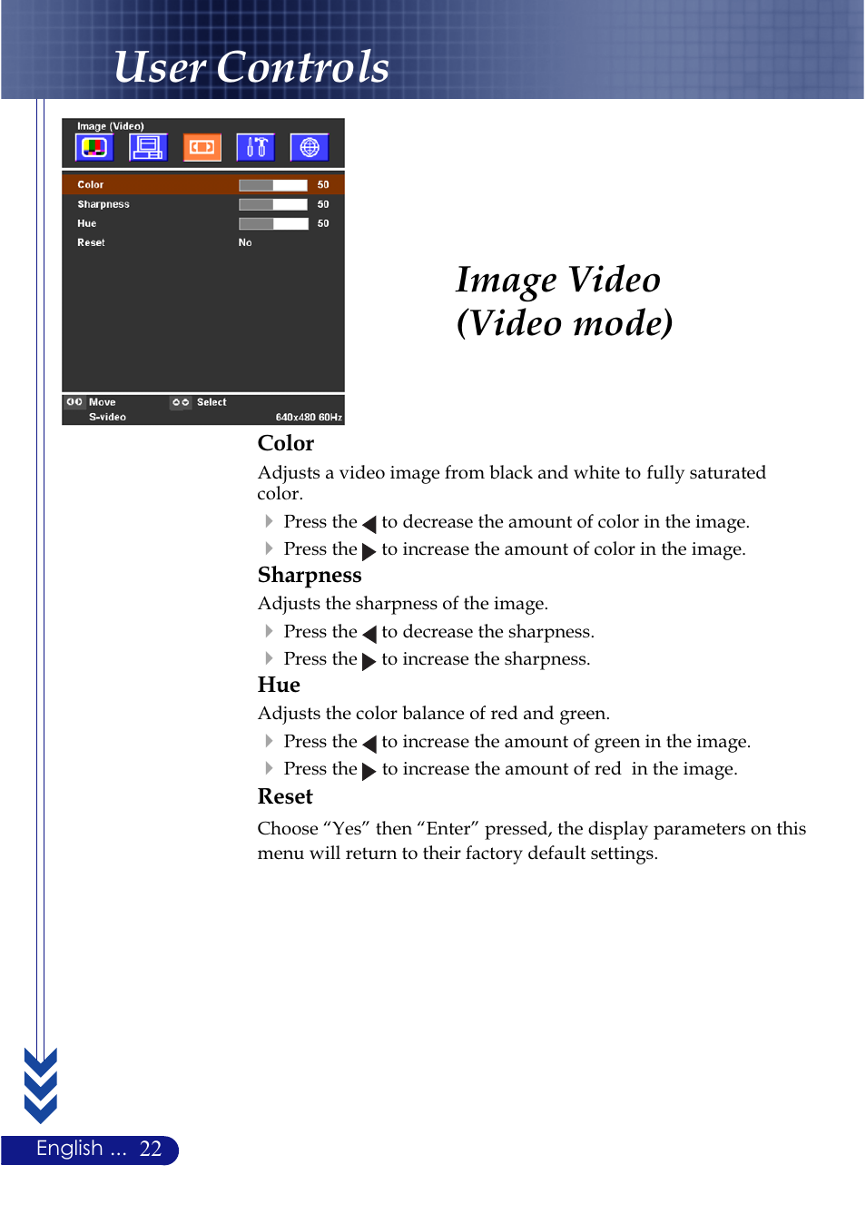 User controls, Image video (video mode) | NEC LT20 User Manual | Page 26 / 40