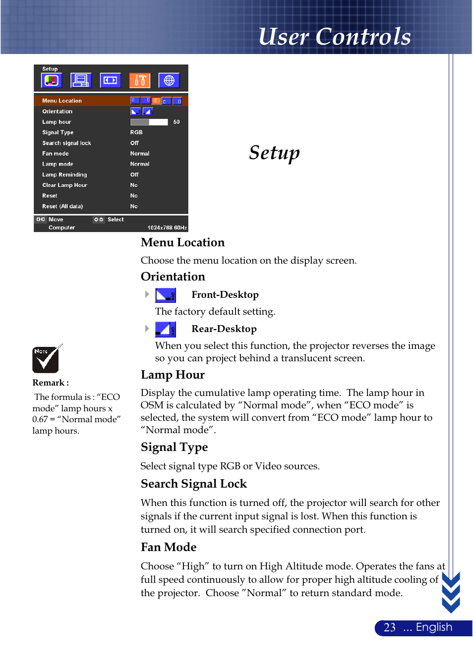 User controls, Setup | NEC LT20 User Manual | Page 27 / 40
