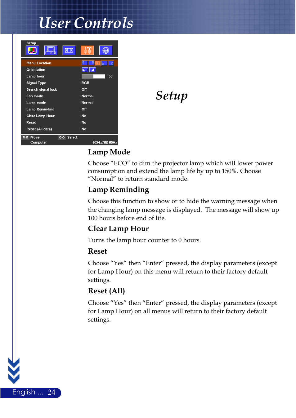 User controls, Setup | NEC LT20 User Manual | Page 28 / 40