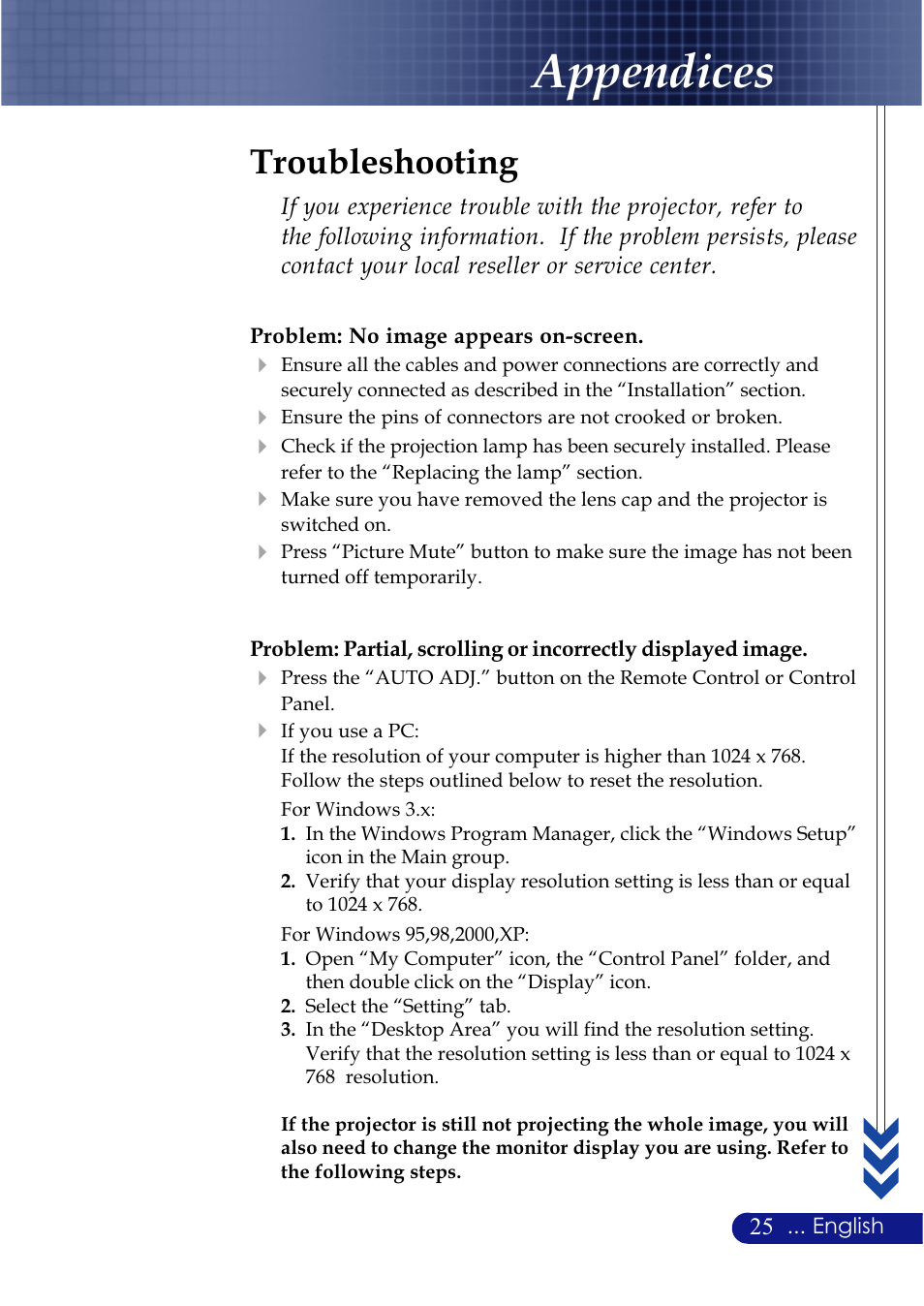Appendices, Troubleshooting | NEC LT20 User Manual | Page 29 / 40