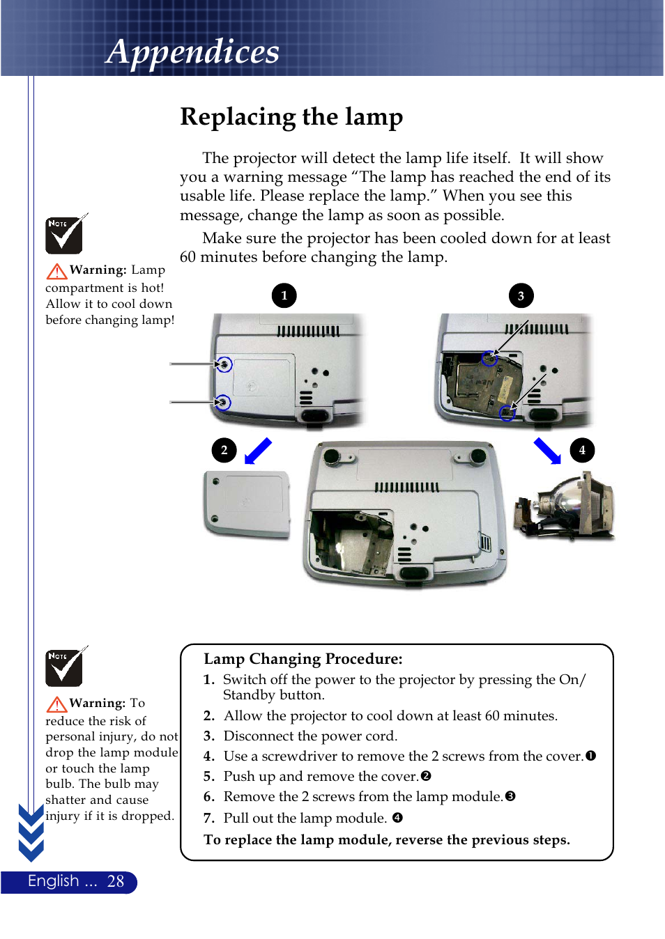 Appendices, Replacing the lamp | NEC LT20 User Manual | Page 32 / 40