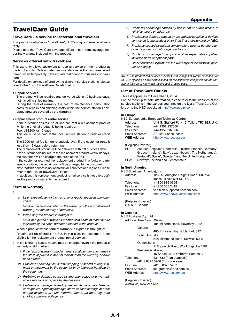 Travelcare guide, Appendix | NEC LT20 User Manual | Page 35 / 40