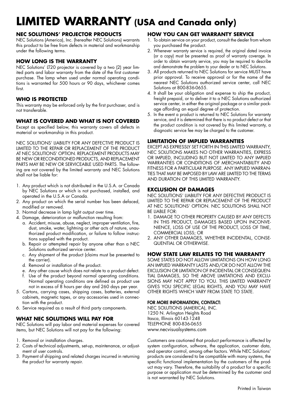 Limited warranty, Usa and canada only) | NEC LT20 User Manual | Page 39 / 40