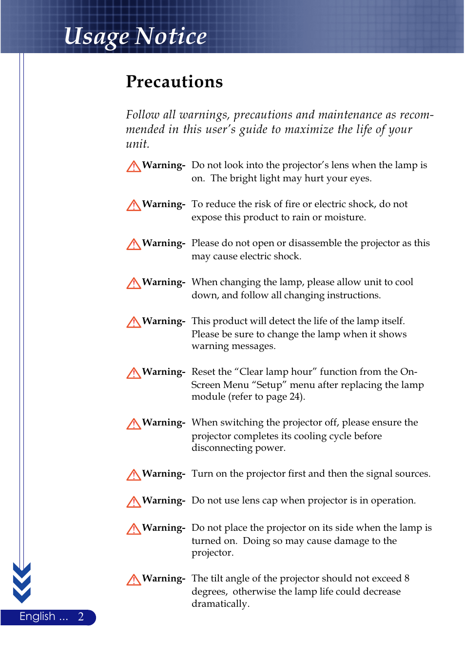 Usage notice, Precautions | NEC LT20 User Manual | Page 6 / 40