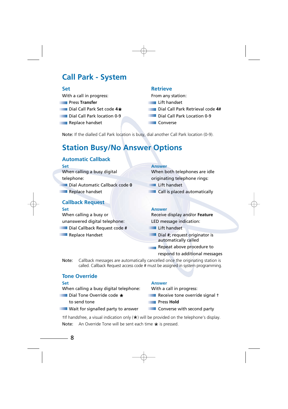 Call park - system, Station busy/no answer options | NEC Digital Telephone Xen IPK User Manual | Page 10 / 24