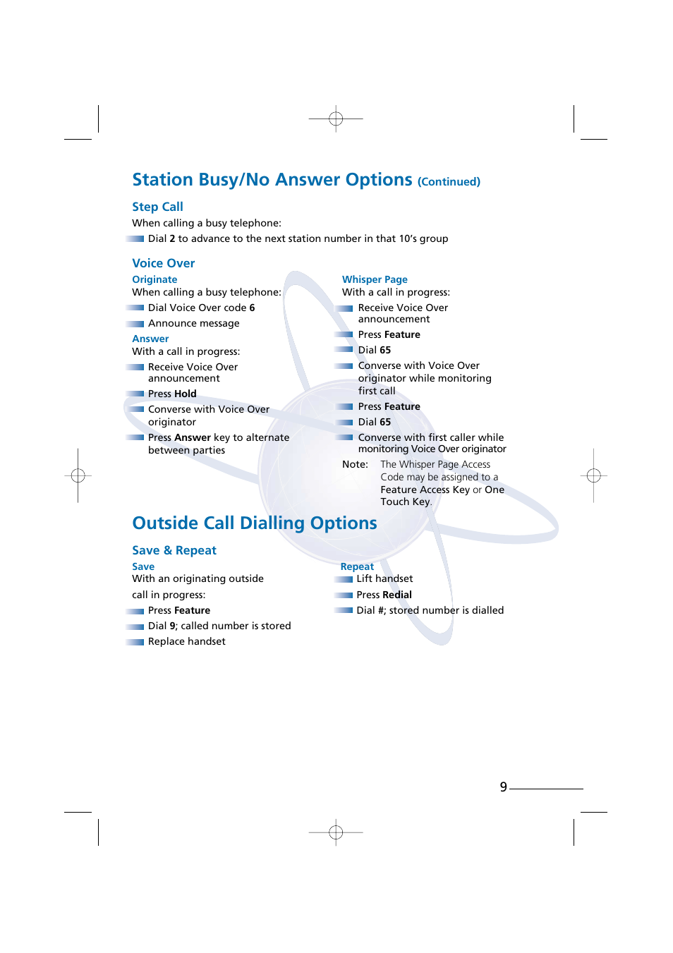 Station busy/no answer options, Outside call dialling options | NEC Digital Telephone Xen IPK User Manual | Page 11 / 24