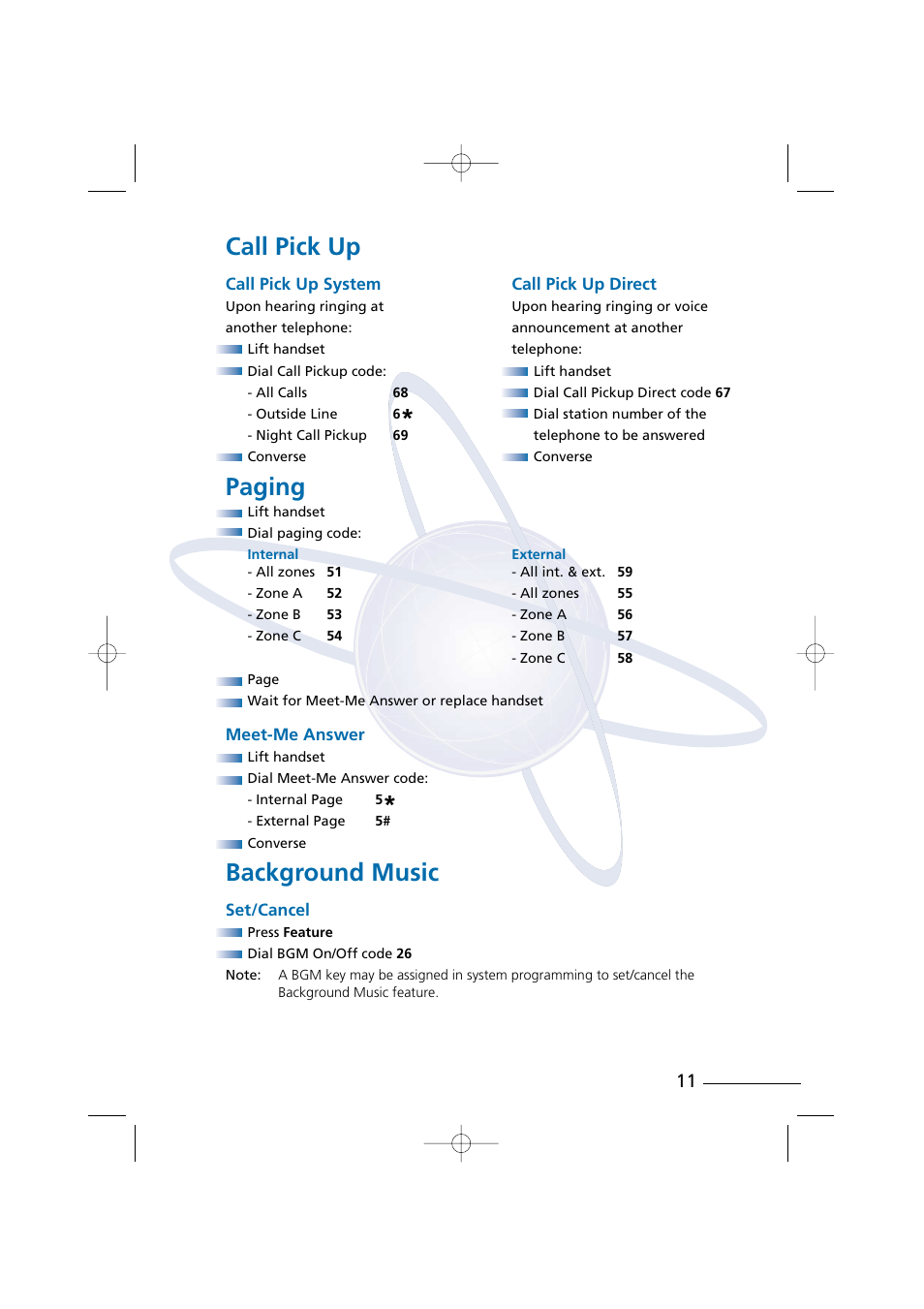 Call pick up, Paging, Background music | NEC Digital Telephone Xen IPK User Manual | Page 13 / 24