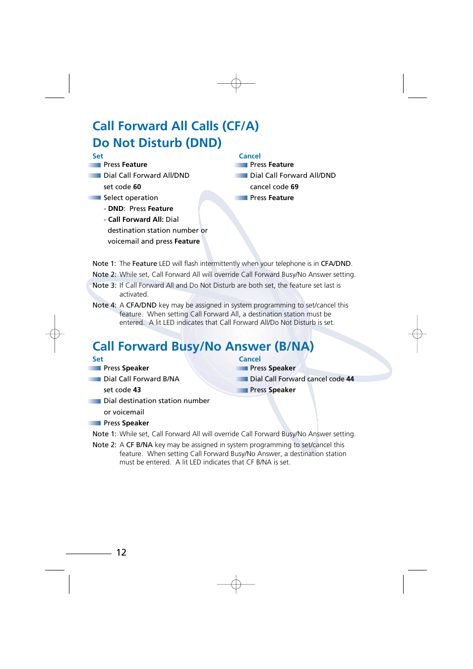 Call forward all calls (cf/a) do not disturb (dnd), Call forward busy/no answer (b/na) | NEC Digital Telephone Xen IPK User Manual | Page 14 / 24