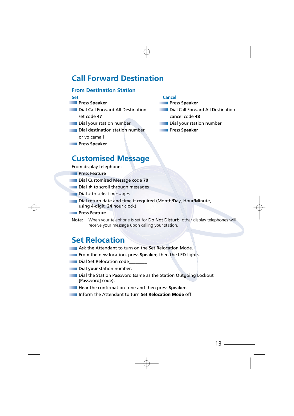 Call forward destination, Customised message, Set relocation | NEC Digital Telephone Xen IPK User Manual | Page 15 / 24