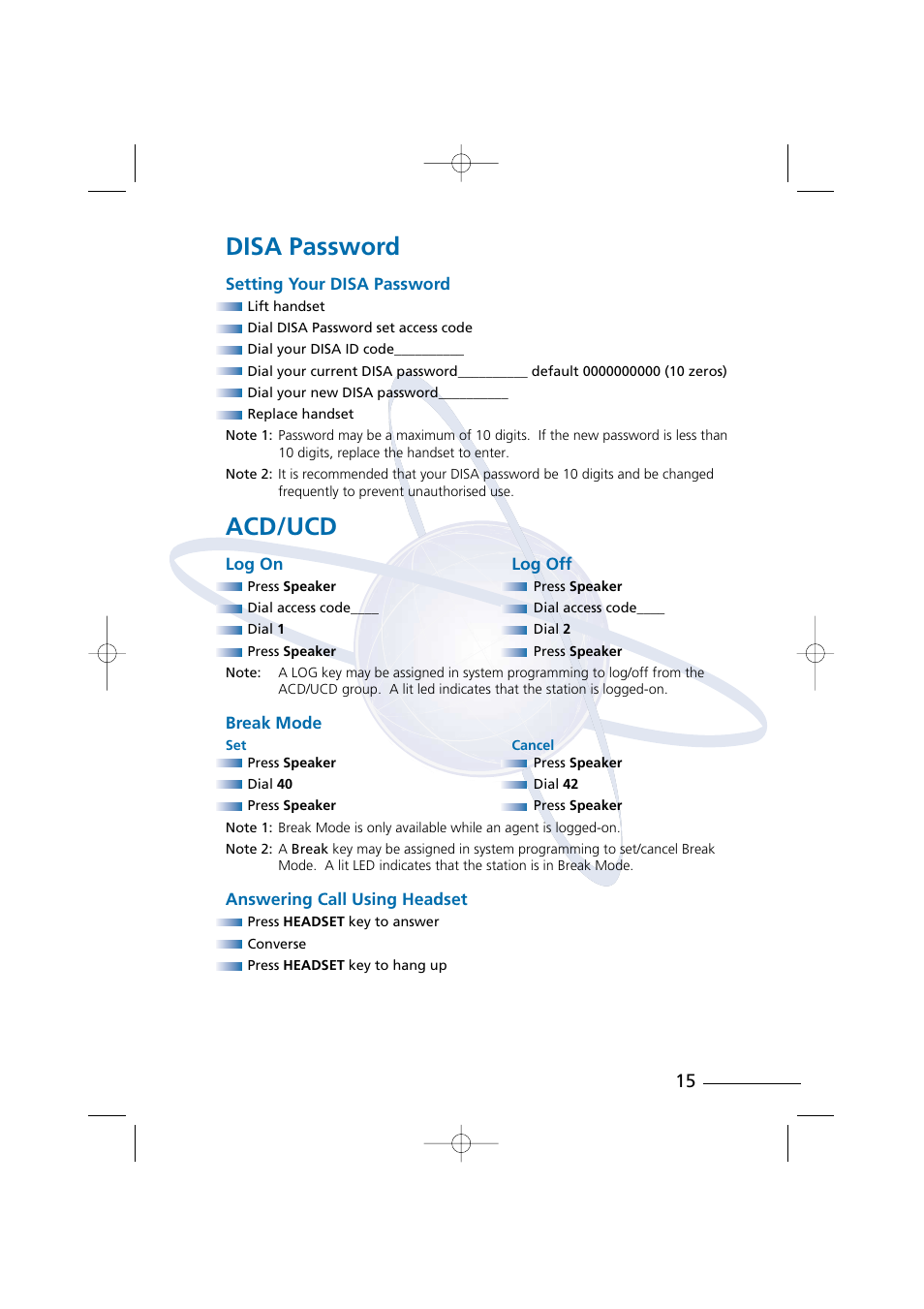 Disa password, Acd/ucd | NEC Digital Telephone Xen IPK User Manual | Page 17 / 24