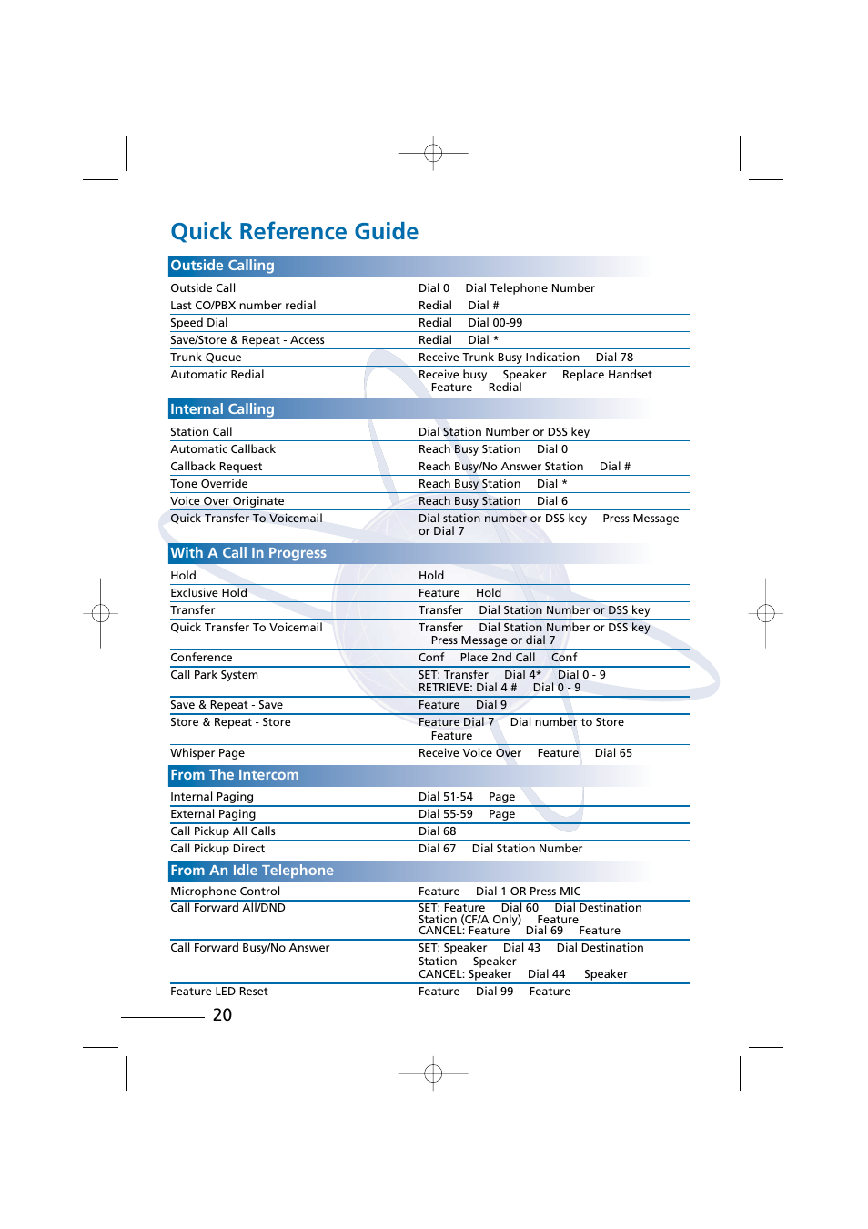 Quick reference guide, Outside calling, Internal calling | With a call in progress | NEC Digital Telephone Xen IPK User Manual | Page 22 / 24