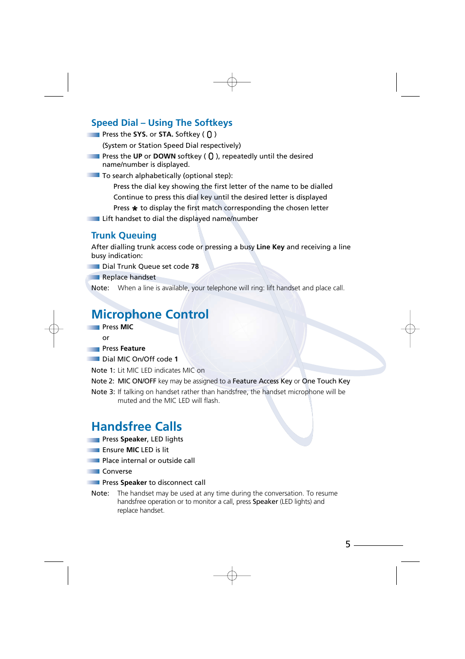 Microphone control, Handsfree calls, 5speed dial – using the softkeys | Trunk queuing | NEC Digital Telephone Xen IPK User Manual | Page 7 / 24