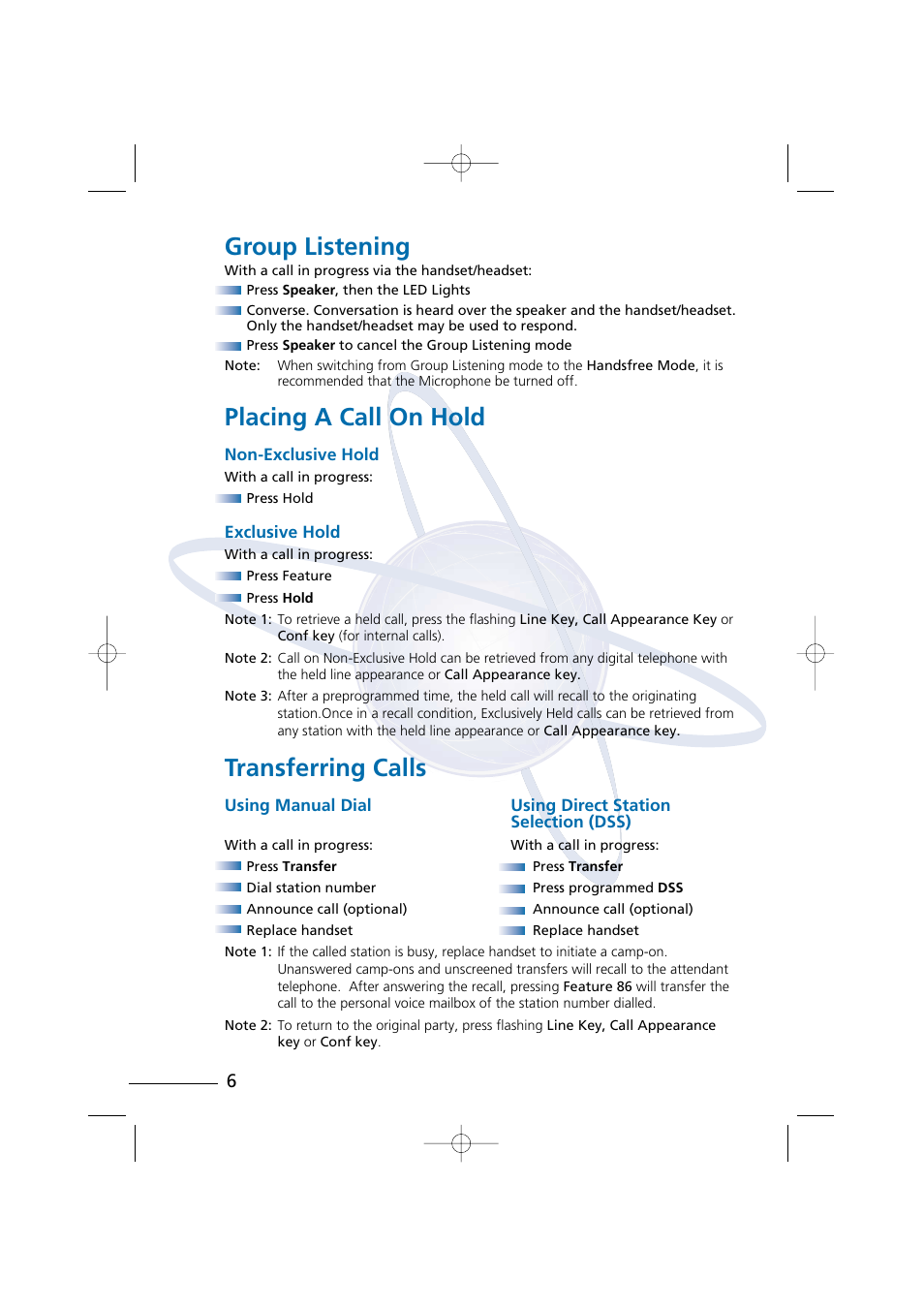 Group listening, Placing a call on hold, Transferring calls | NEC Digital Telephone Xen IPK User Manual | Page 8 / 24