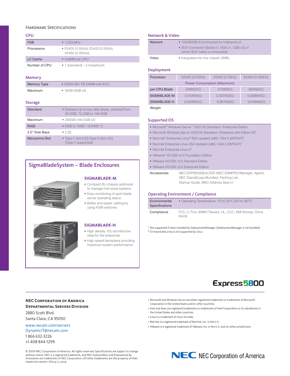 Sigmabladesystem – blade enclosures, Hardware specifications, Storage | Network & video, Deployment, Supported os, Operating environment / compliance, Sigmablade-m, Sigmablade-h | NEC Express120Bb-6 User Manual | Page 2 / 2
