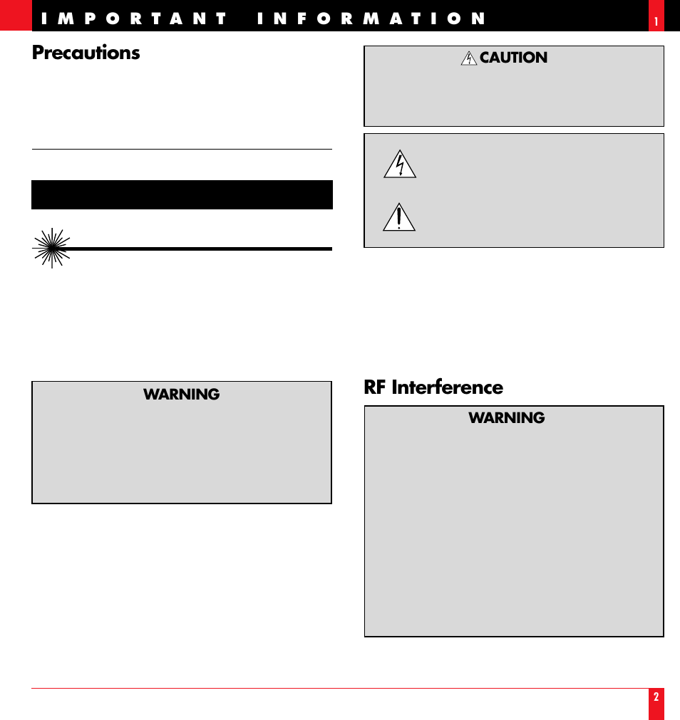 Caution, Rf interference, Precautions | NEC LT 100 User Manual | Page 2 / 52