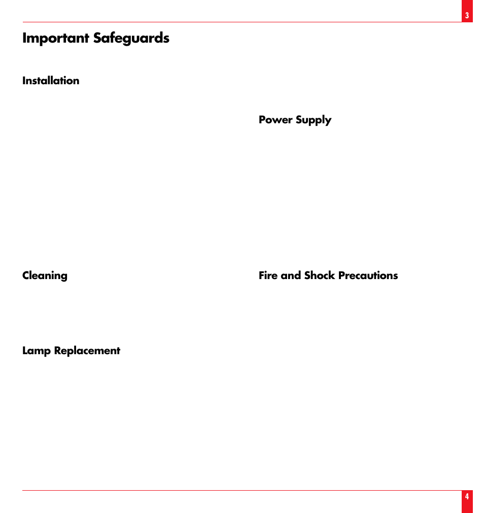 Important safeguards, Cleaning, Lamp replacement | Fire and shock precautions, Installation, Power supply | NEC LT 100 User Manual | Page 3 / 52