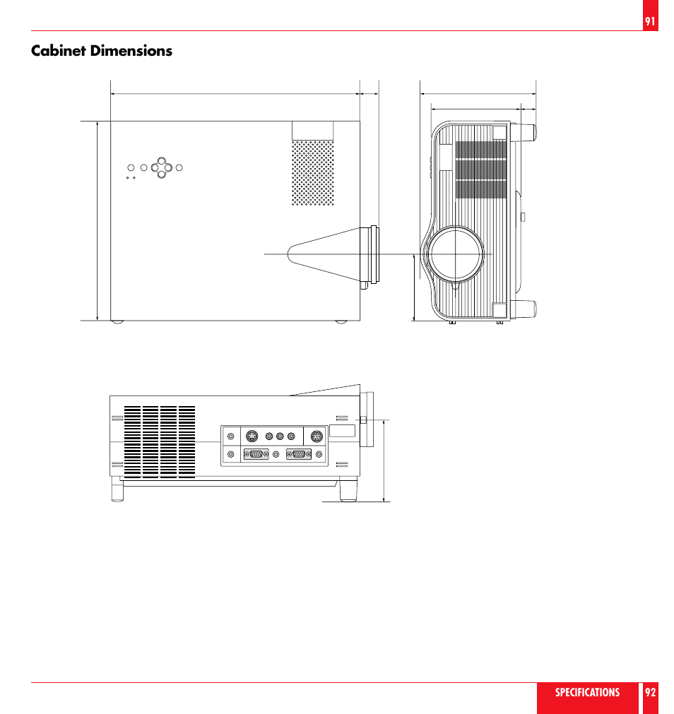 Cabinet dimensions, Specifications 92, Lens center | Unit : inch (mm) | NEC LT 100 User Manual | Page 47 / 52