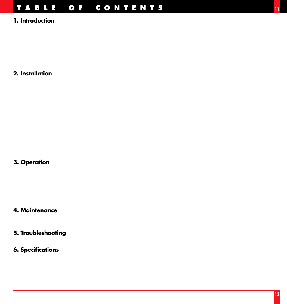 Introduction, Installation, Operation | Maintenance, Troubleshooting, Specifications | NEC LT 100 User Manual | Page 7 / 52