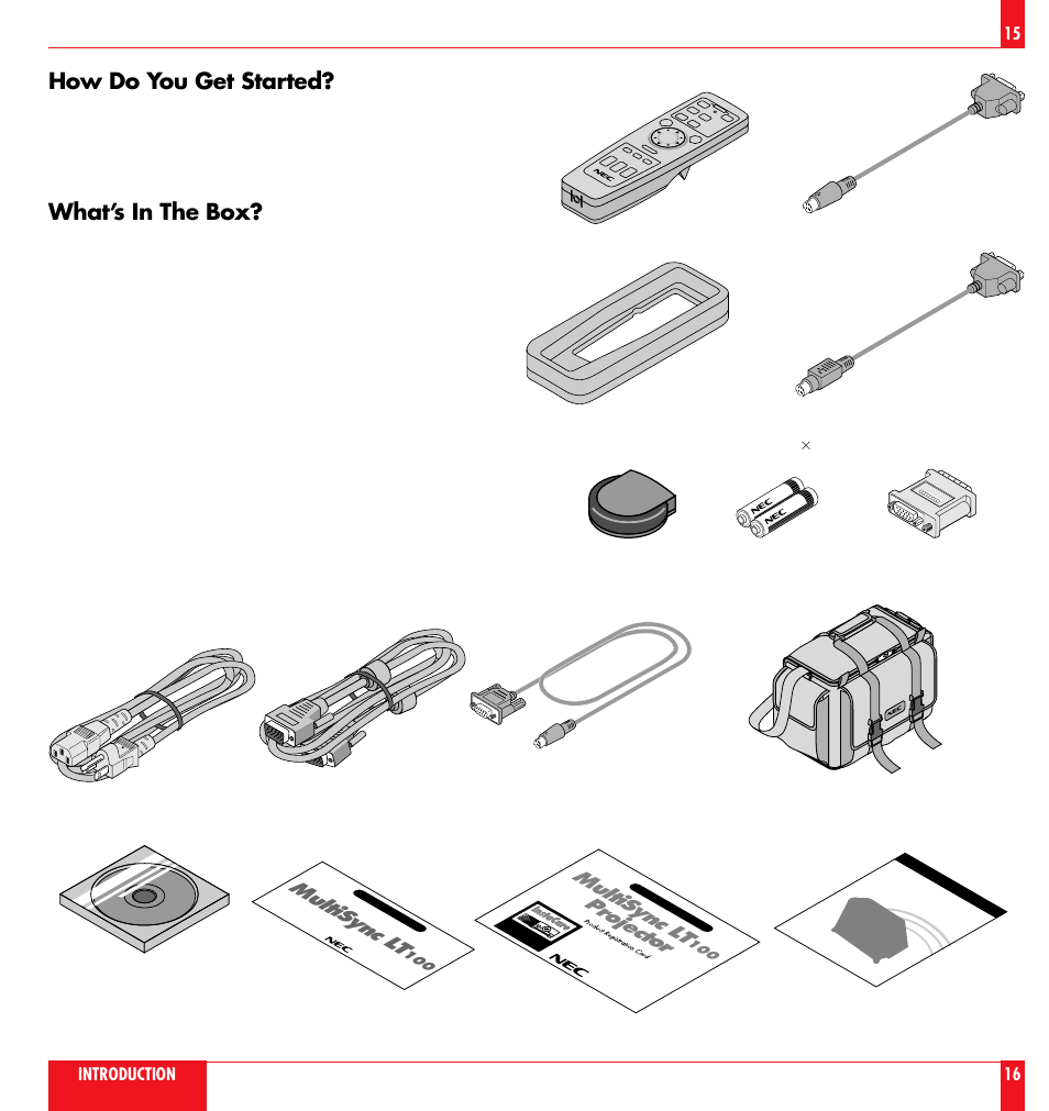 How do you get started, What’s in the box, Multisync lt | Projector | NEC LT 100 User Manual | Page 9 / 52