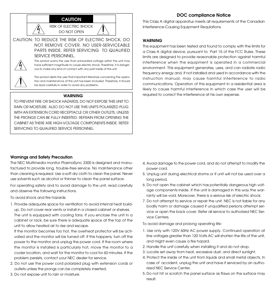 NEC PlasmaSync 3300 User Manual | Page 2 / 31