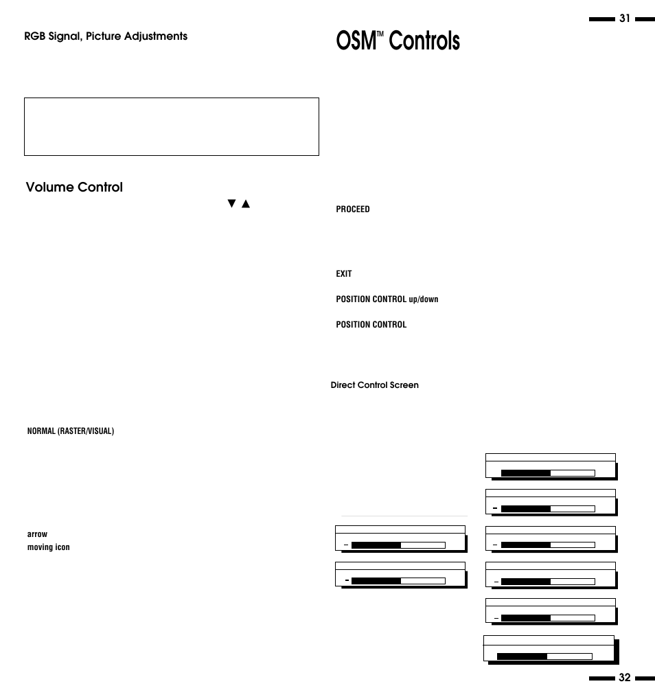 Controls, Volume control, Rgb signal, picture adjustments | NEC PlasmaSync 3300 User Manual | Page 20 / 31