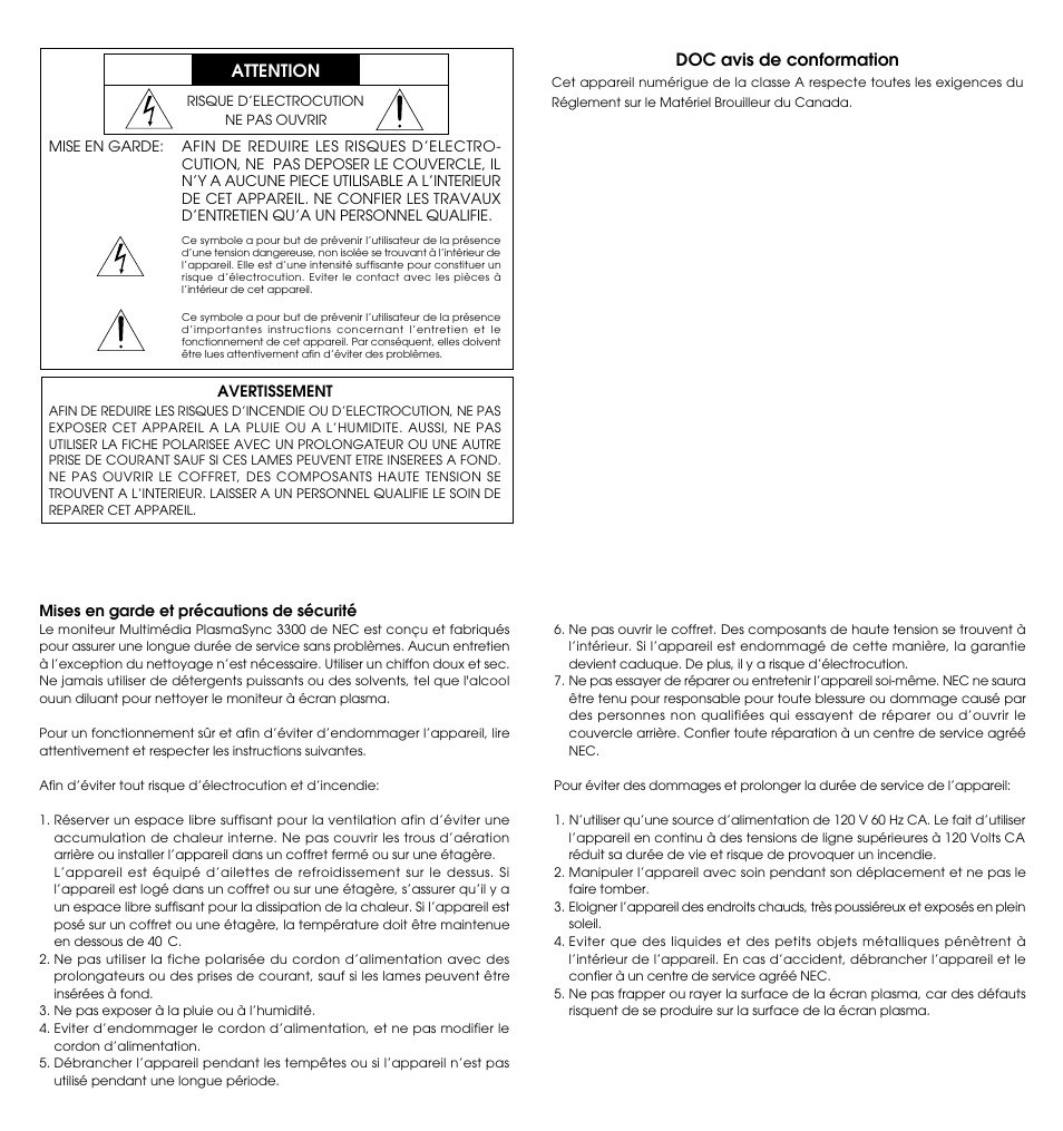 Attention, Doc avis de conformation | NEC PlasmaSync 3300 User Manual | Page 3 / 31