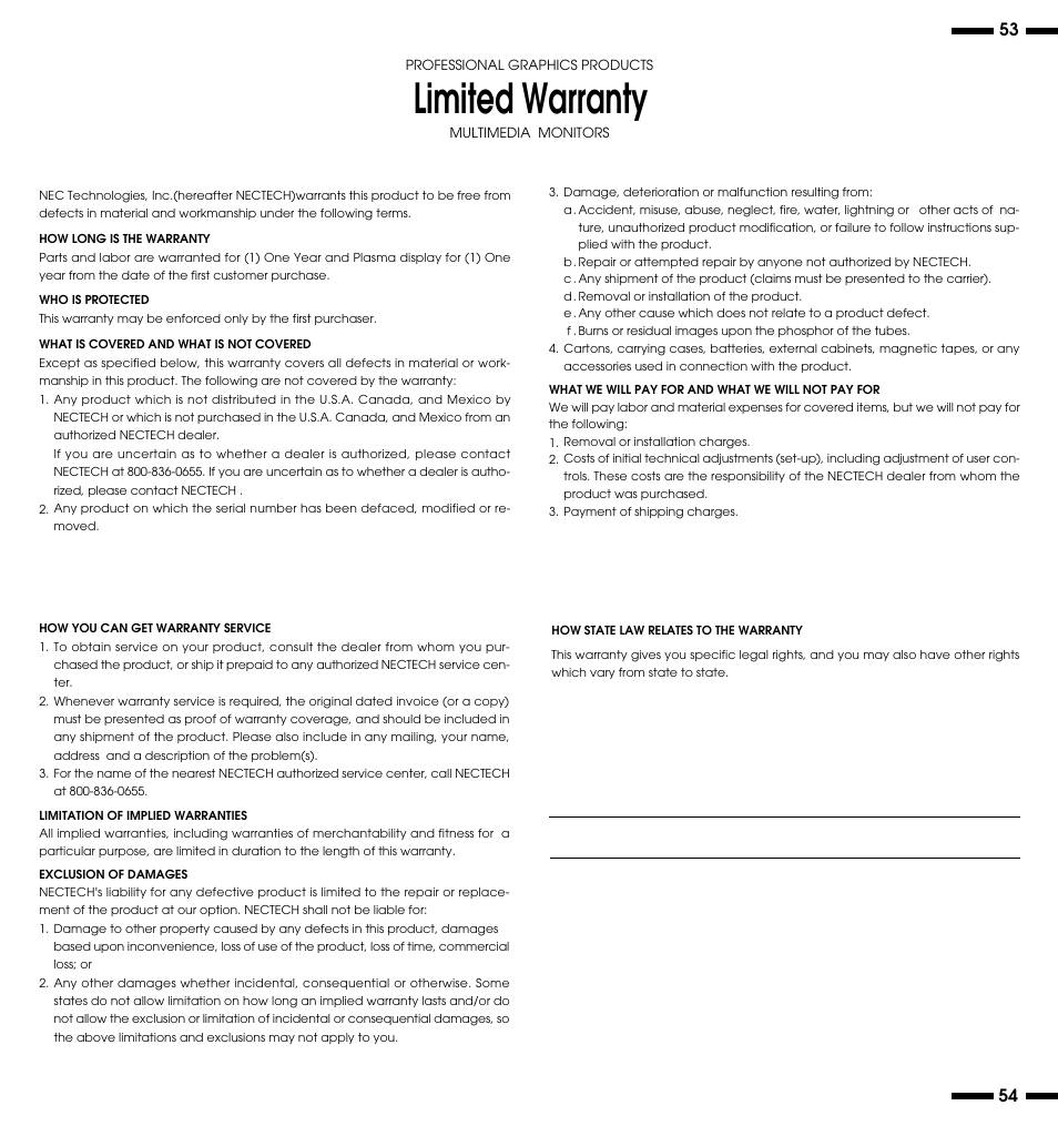 Limited warranty | NEC PlasmaSync 3300 User Manual | Page 31 / 31