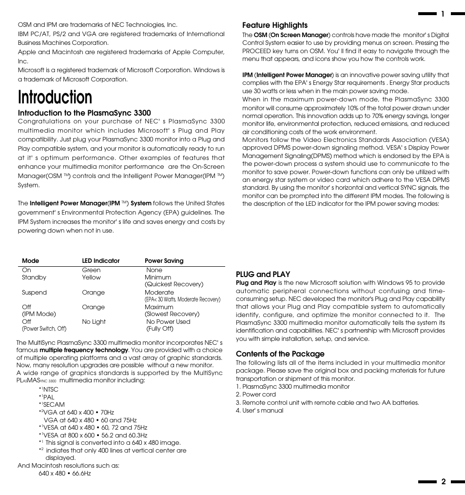 Introduction | NEC PlasmaSync 3300 User Manual | Page 5 / 31