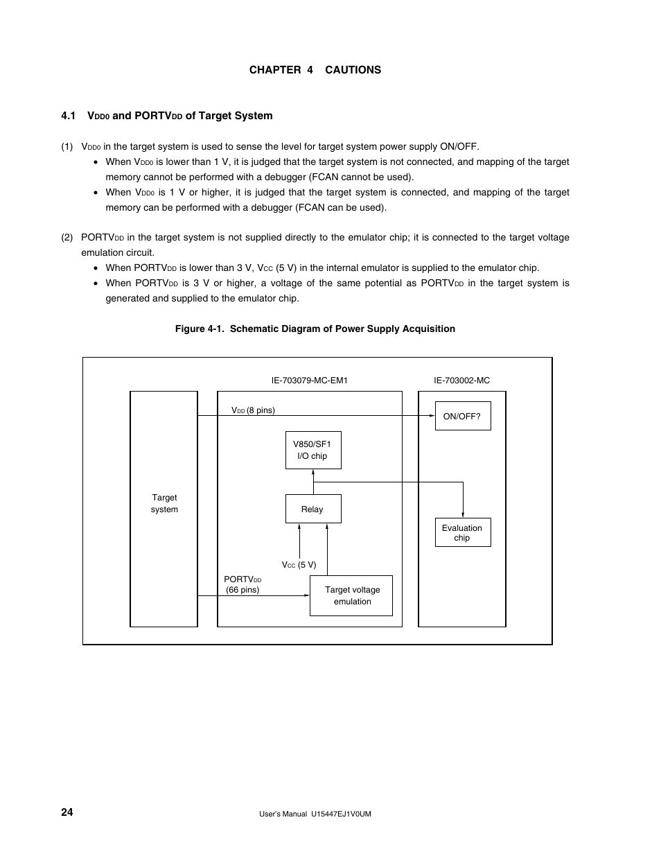 Chapter 4 cautions, 1 vdd0 and portvdd of target system | NEC V850/SF1 User Manual | Page 24 / 35