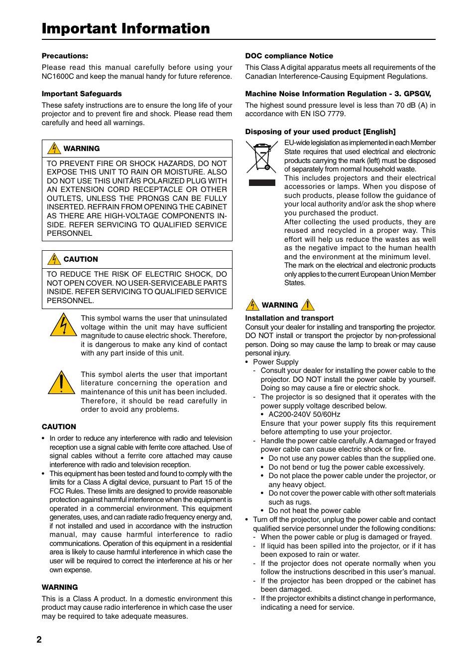 Important information | NEC DLP CINEMA NC1600C User Manual | Page 2 / 57