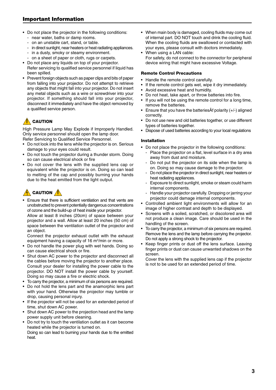Important information | NEC DLP CINEMA NC1600C User Manual | Page 3 / 57