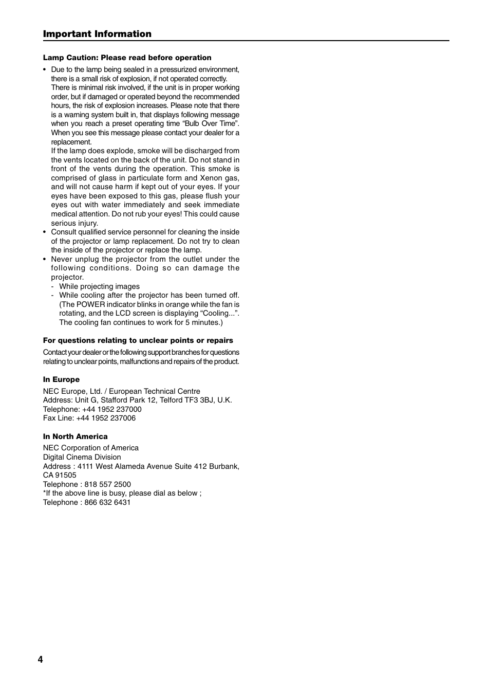 Important information | NEC DLP CINEMA NC1600C User Manual | Page 4 / 57