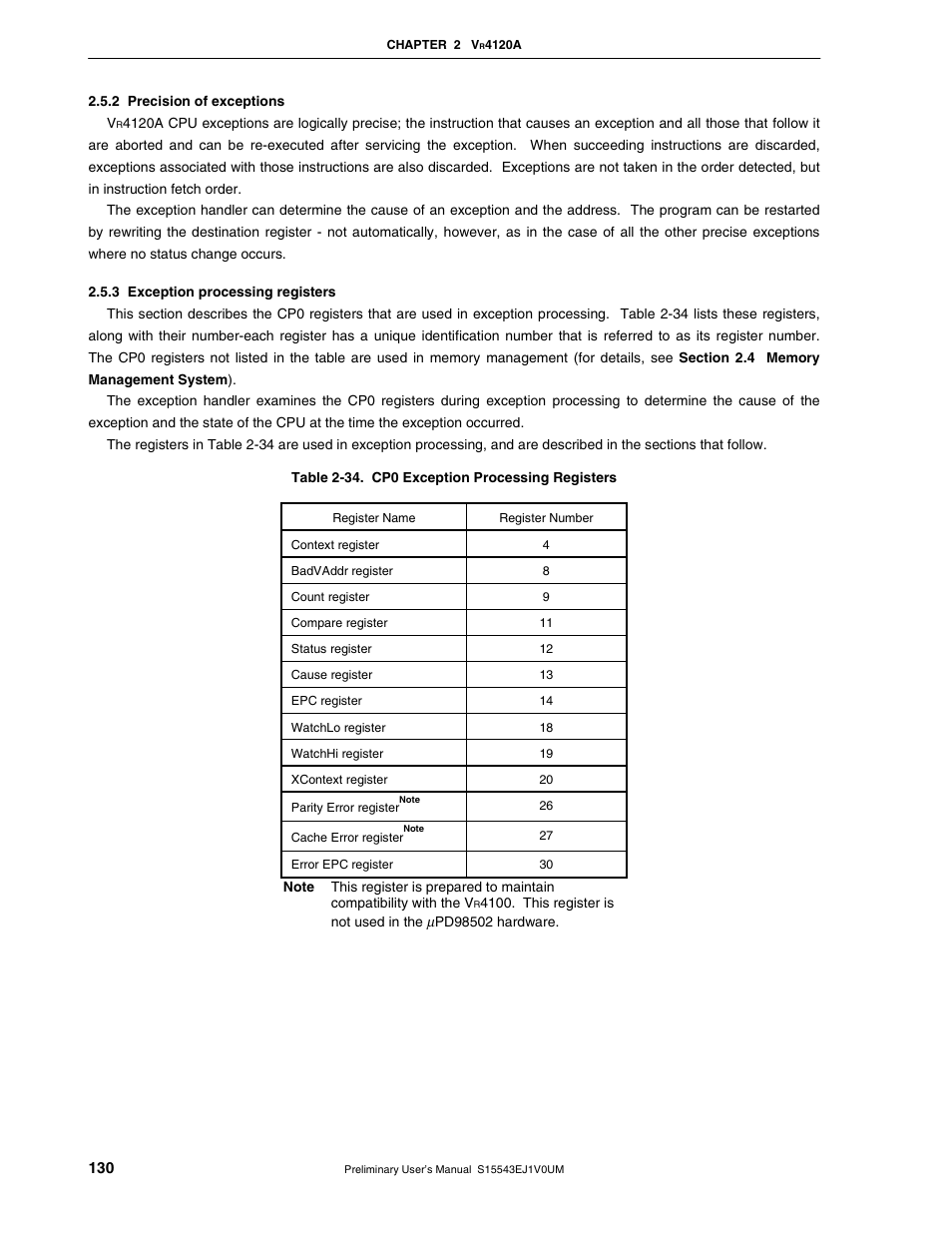 2 precision of exceptions, 3 exception processing registers | NEC Network Controller uPD98502 User Manual | Page 130 / 595