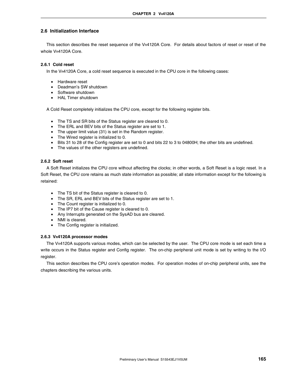 6 initialization interface, 1 cold reset, 2 soft reset | 3 vr4120a processor modes | NEC Network Controller uPD98502 User Manual | Page 165 / 595