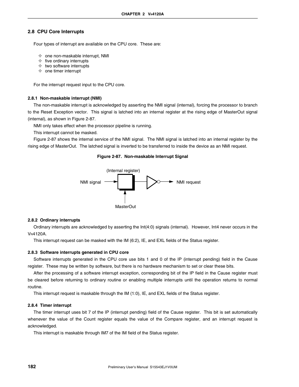 8 cpu core interrupts, 1 non-maskable interrupt (nmi), 2 ordinary interrupts | 3 software interrupts generated in cpu core, 4 timer interrupt | NEC Network Controller uPD98502 User Manual | Page 182 / 595