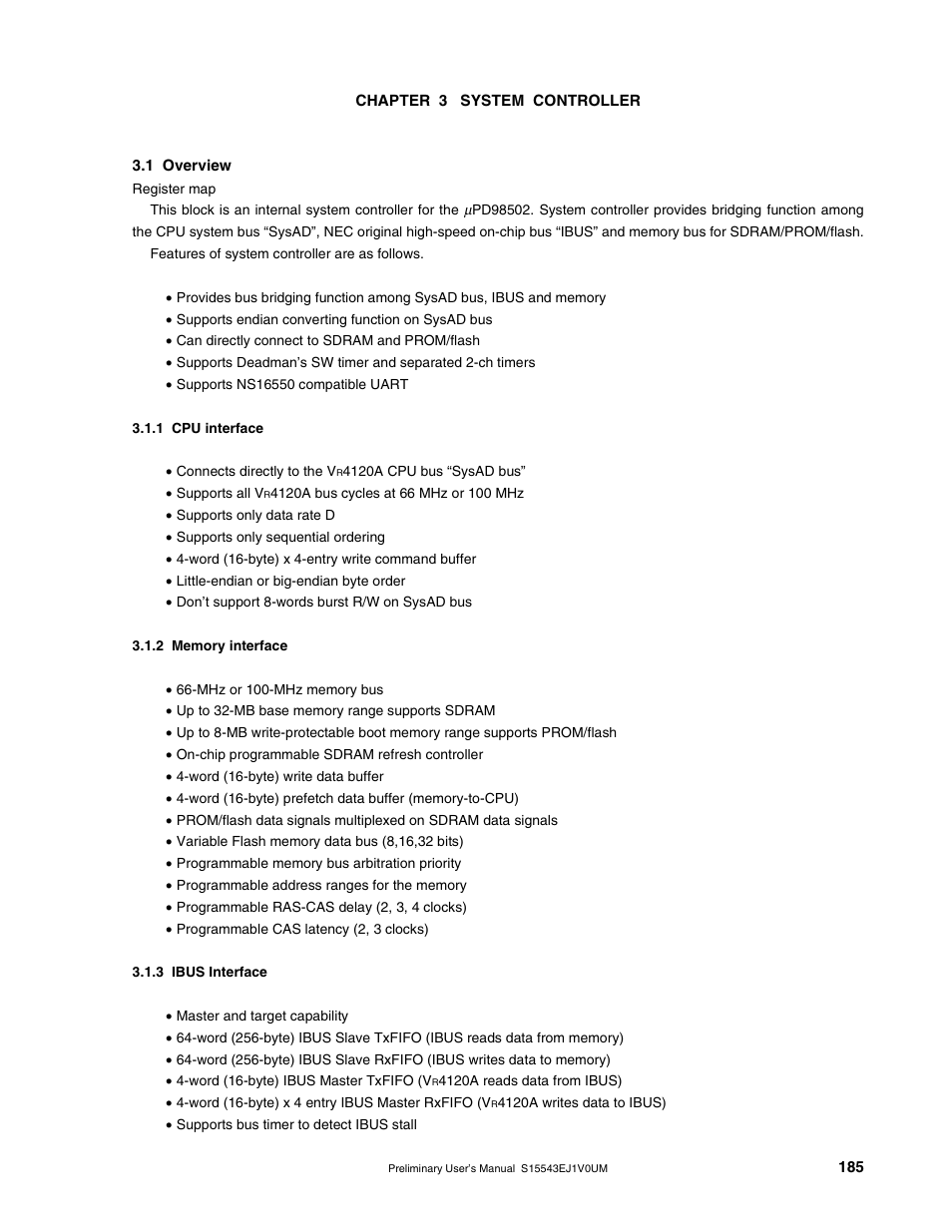 Chapter 3 system controller, 1 overview, 1 cpu interface | 2 memory interface, 3 ibus interface | NEC Network Controller uPD98502 User Manual | Page 185 / 595