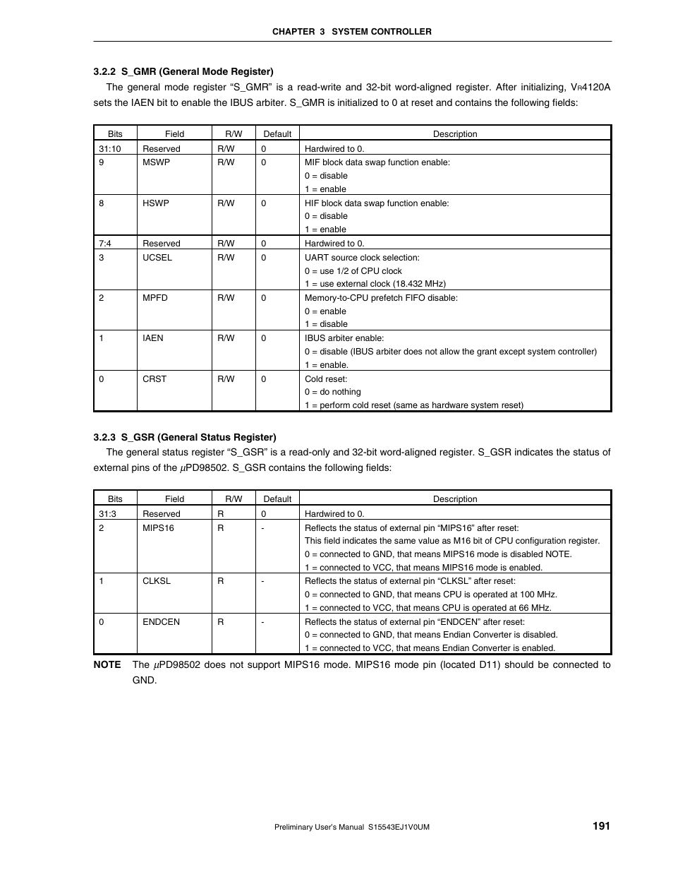 2 s_gmr (general mode register), 3 s_gsr (general status register) | NEC Network Controller uPD98502 User Manual | Page 191 / 595