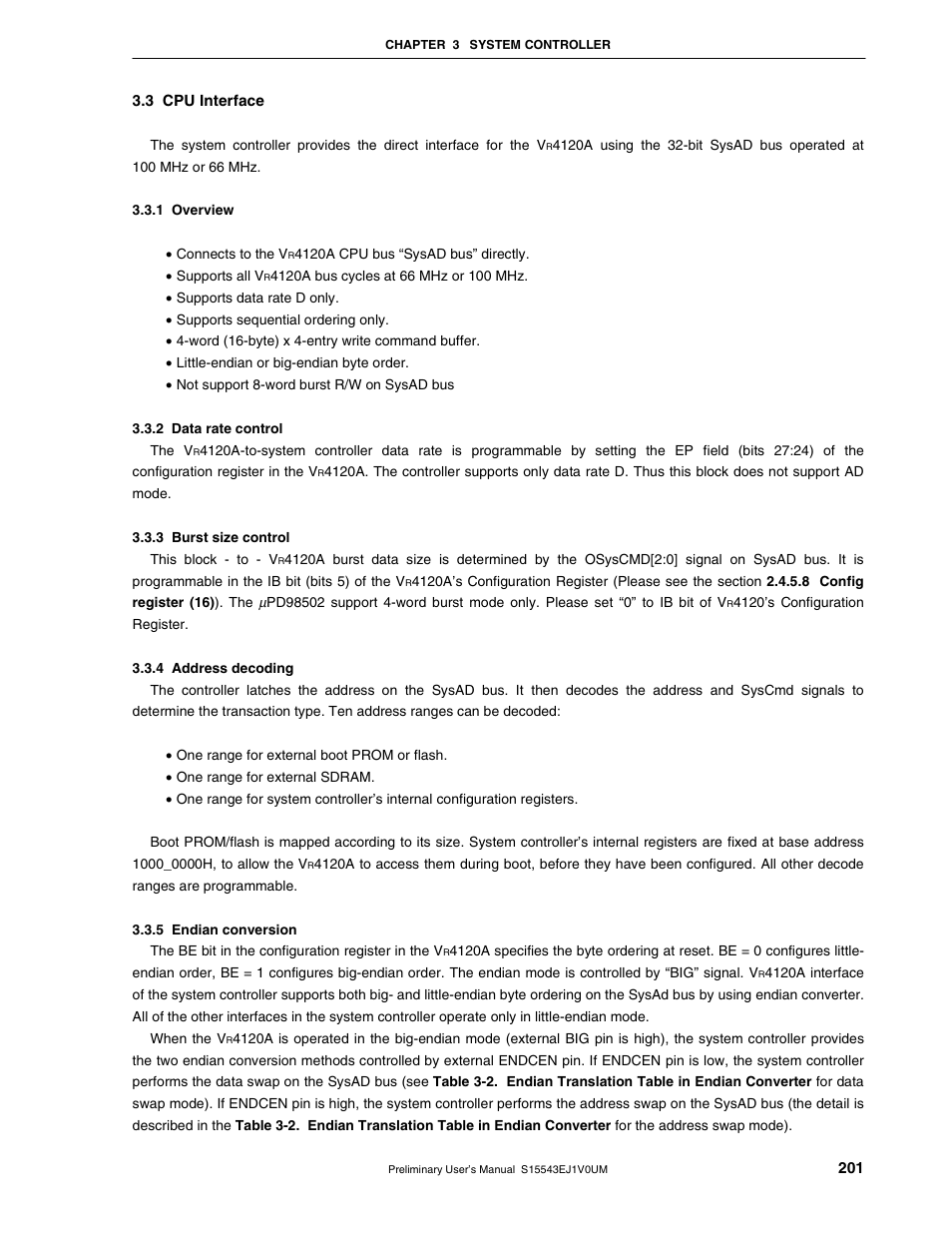 3 cpu interface, 1 overview, 2 data rate control | 3 burst size control, 4 address decoding, 5 endian conversion | NEC Network Controller uPD98502 User Manual | Page 201 / 595