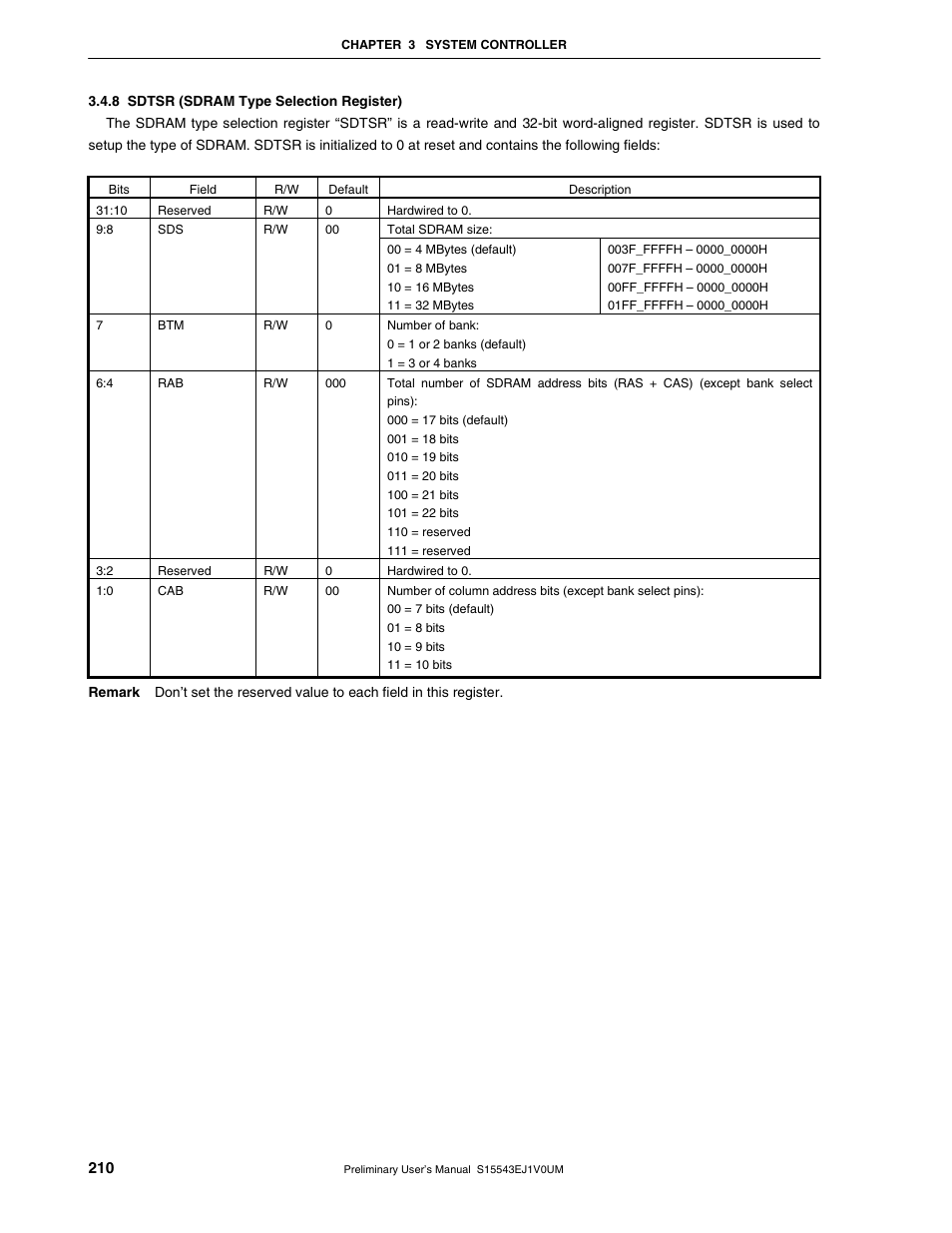 8 sdtsr (sdram type selection register) | NEC Network Controller uPD98502 User Manual | Page 210 / 595
