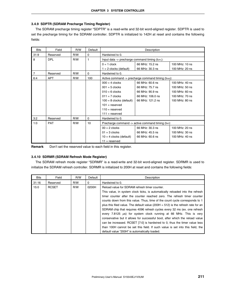9 sdptr (sdram precharge timing register), 10 sdrmr (sdram refresh mode register) | NEC Network Controller uPD98502 User Manual | Page 211 / 595